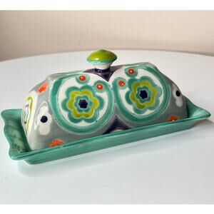 Anthropologie Okuno Floral Stoneware Ceramic Butter Dish with Lid Hand Painted